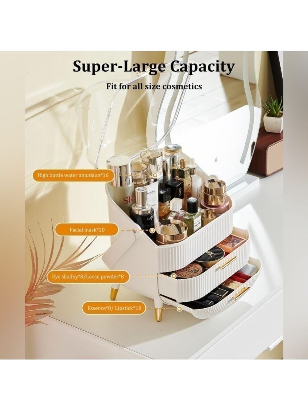 Makeup Organizer, Portable Countertop Display Case with Cover and Drawers New - Picture 4 of 8